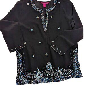 NWOT VTG Black Sheer Sequins Blouse Lace Fairy Whimsygoth Boho Y2K Peasant Top L
